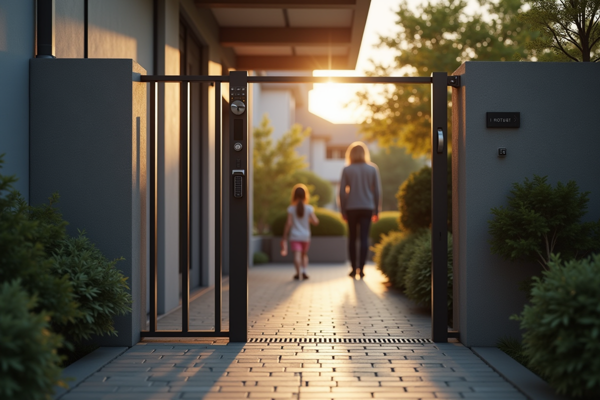 Porte d'entrée moderne avec portail métallique et clavier de securite