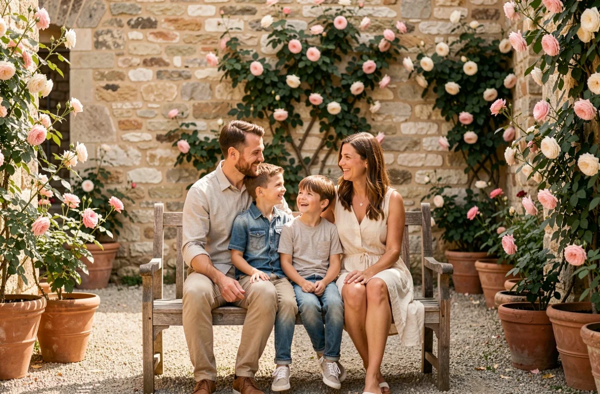 Portrait de famille authentique dans un jardin provençal à Cavaillon, capturé par un photographe professionnel lors d'une séance en extérieur