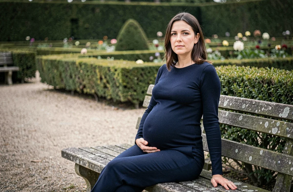 Portrait de femme enceinte assise sur un banc en pierre dans un jardin classique à Angers