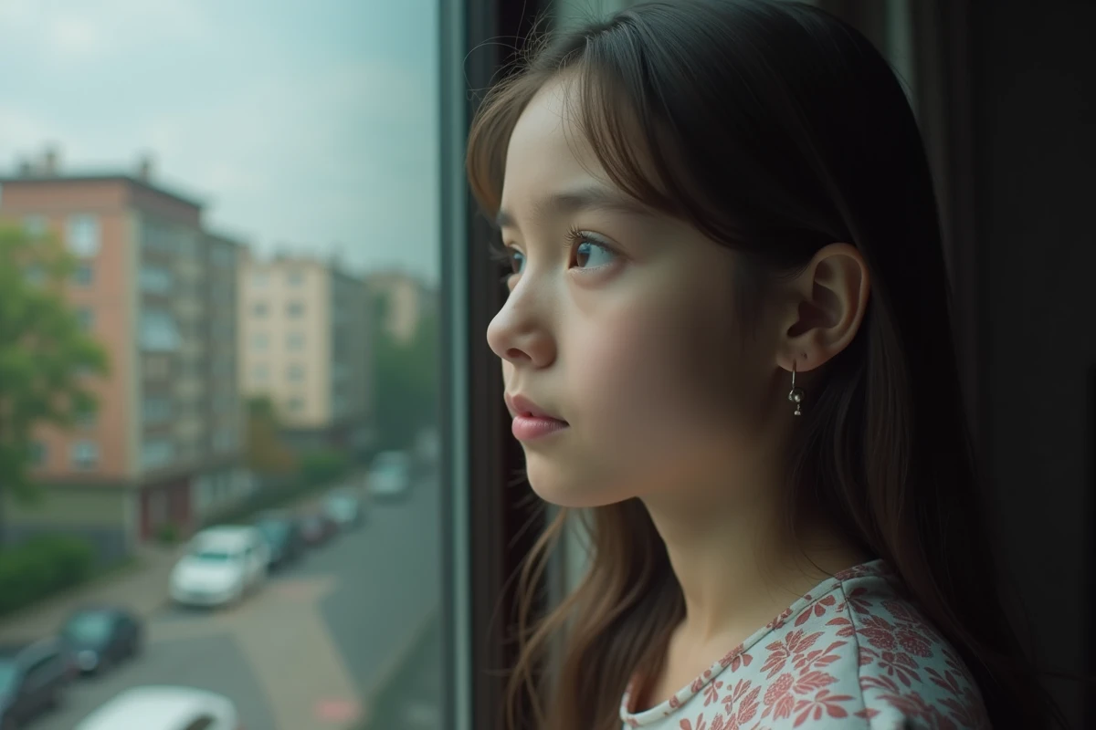 Jeune fille contemplant par la fenêtre dans un style réaliste