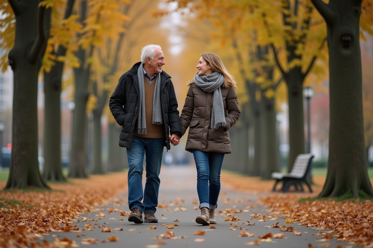 Père et fille se promènent dans un parc automnal