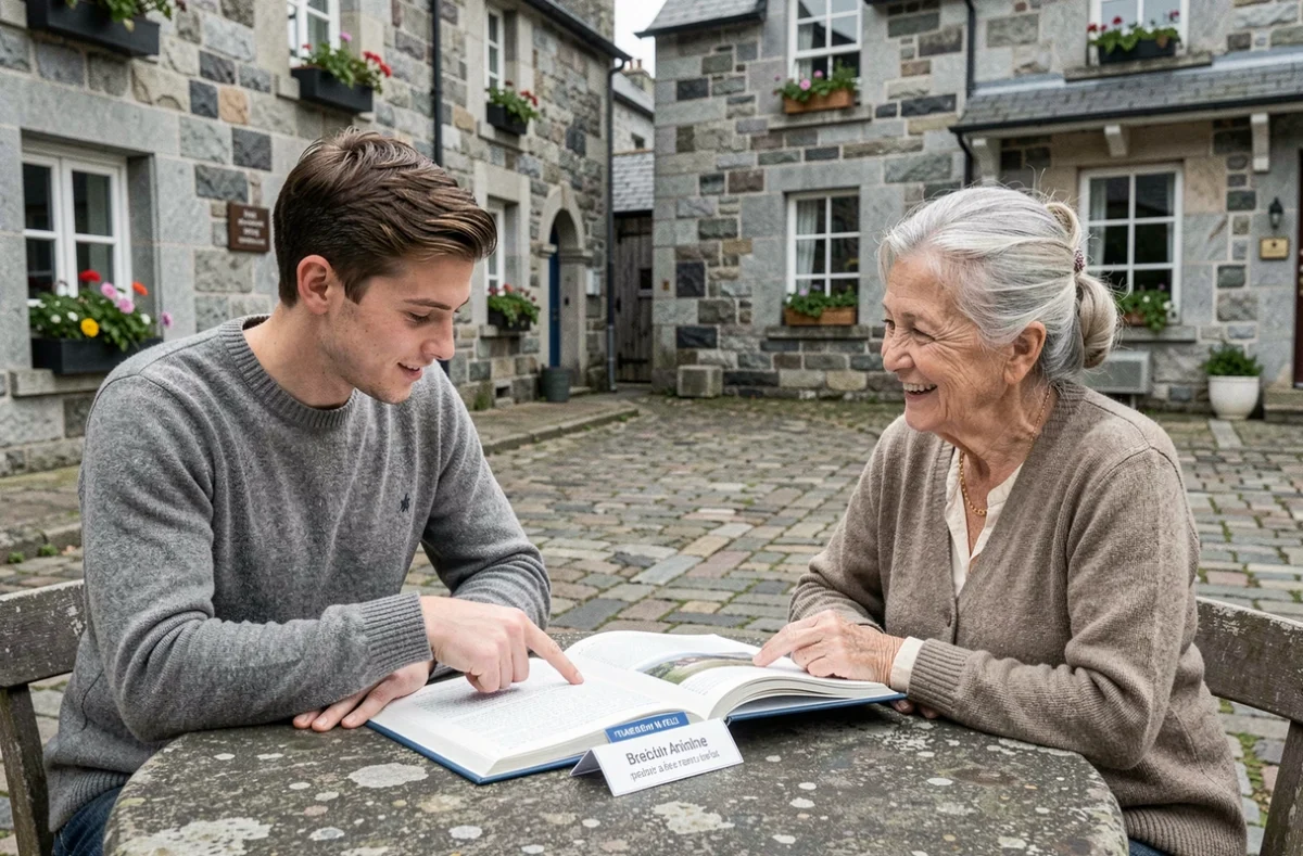 Jeune homme et femme âgée consultant un guide bilingue de prénoms bretons dans un village breton typique