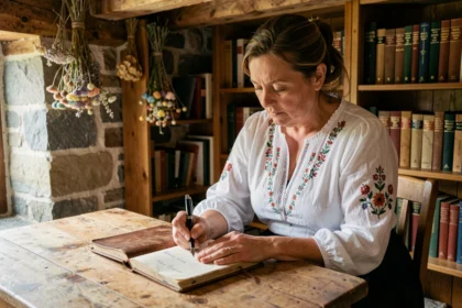 Femme bretonne écrivant des prénoms bretons dans un carnet ancien dans une maison en pierre typique de Bretagne