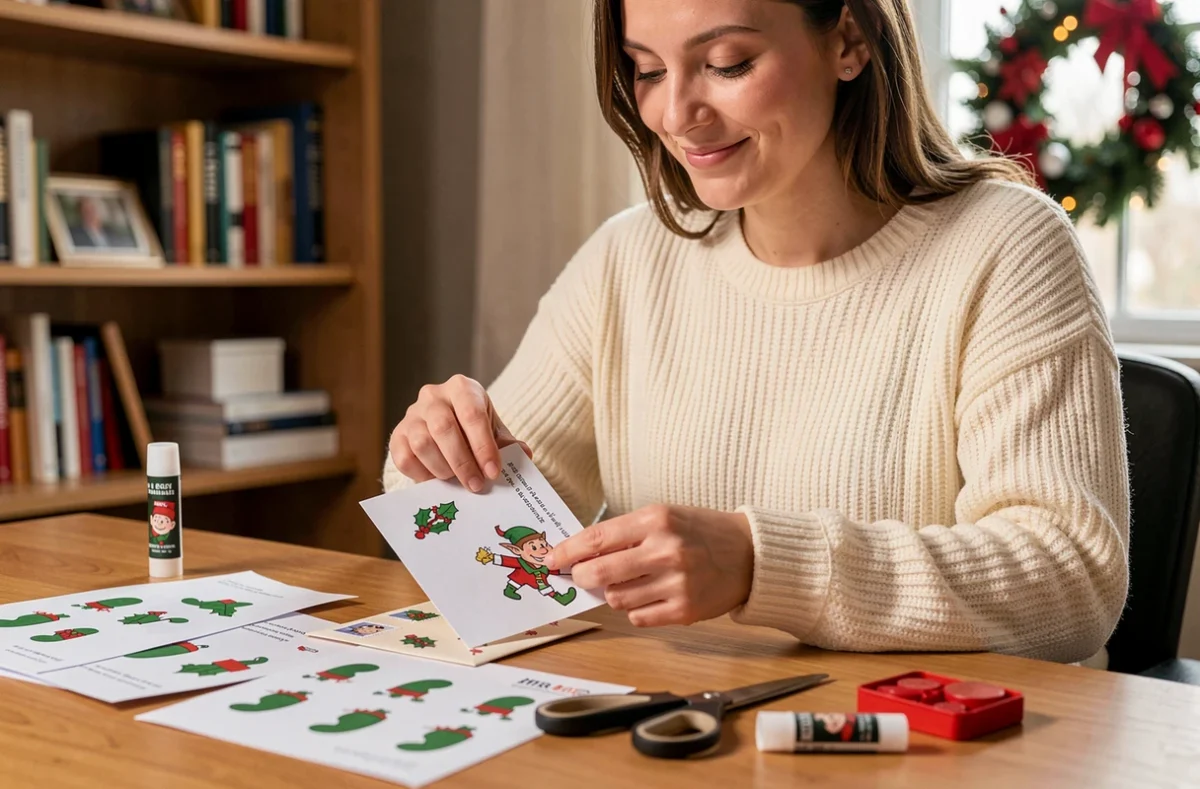 Femme préparant et pliant une lettre de lutin farceur avec enveloppe et timbre fait maison sur un bureau en bois