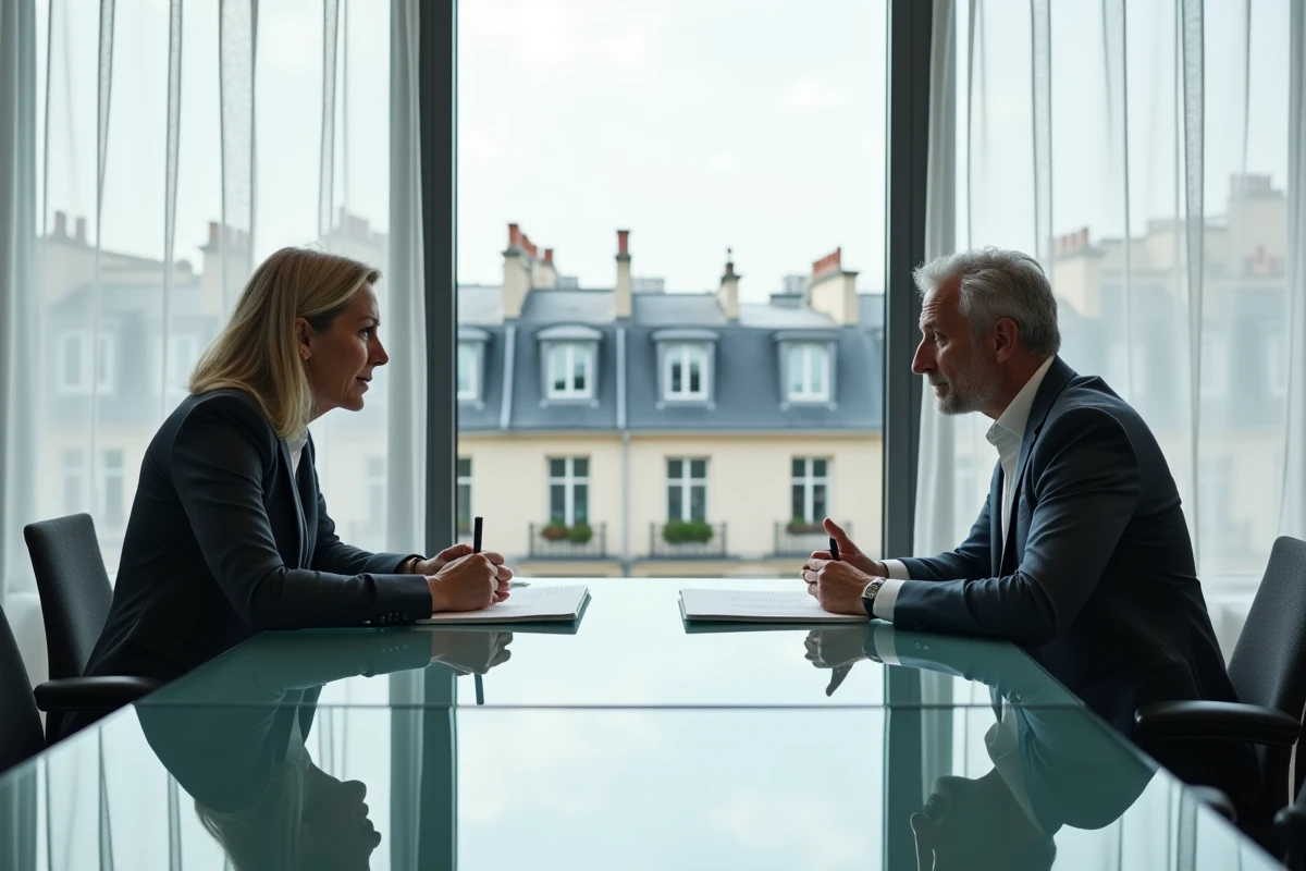 Deux professionnels des médias en discussion dans une salle de réunion parisienne sur un sujet éditorial délicat