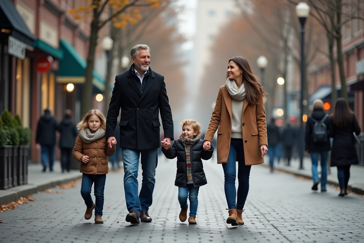 Famille se promenant main dans la main dans la ville