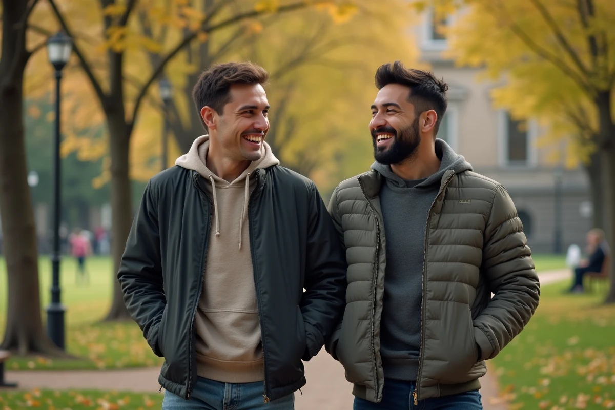 Amis se promenant dans un parc urbain en riant