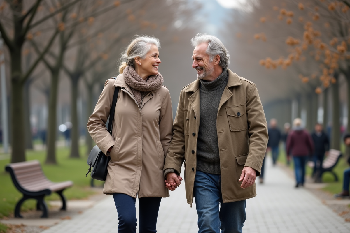 Couple marchant dans un parc au printemps