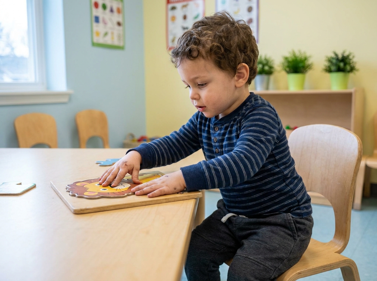 Garçon de 3 ans assemblant un puzzle éducatif coloré représentant des animaux à une petite table en bois en classe de maternelle