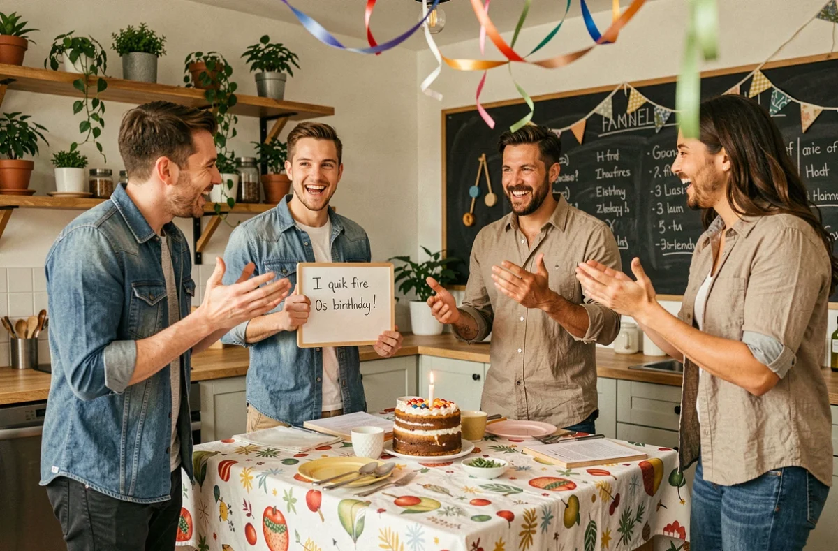 Groupe d'amis jouant à un quiz d'anniversaire autour d'un îlot de cuisine décoré