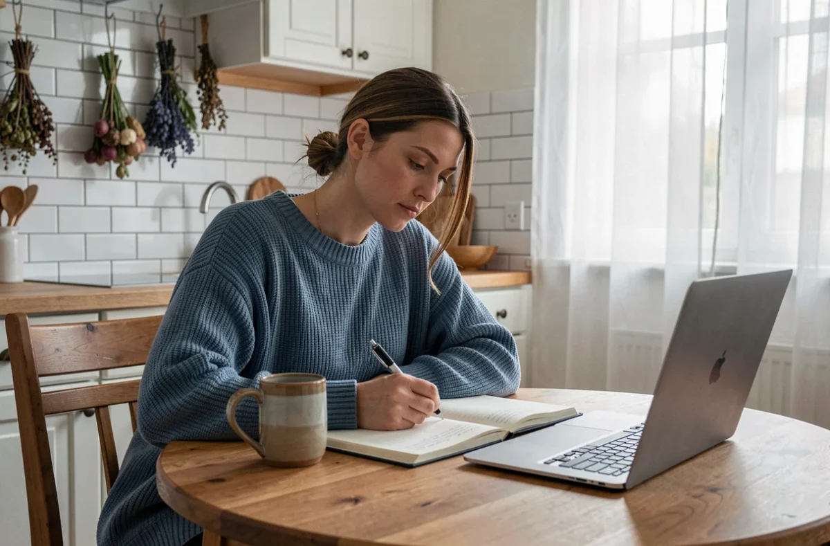 Jeune mère prenant des notes sur la parentalité bienveillante à sa table de cuisine, dans une atmosphère domestique authentique
