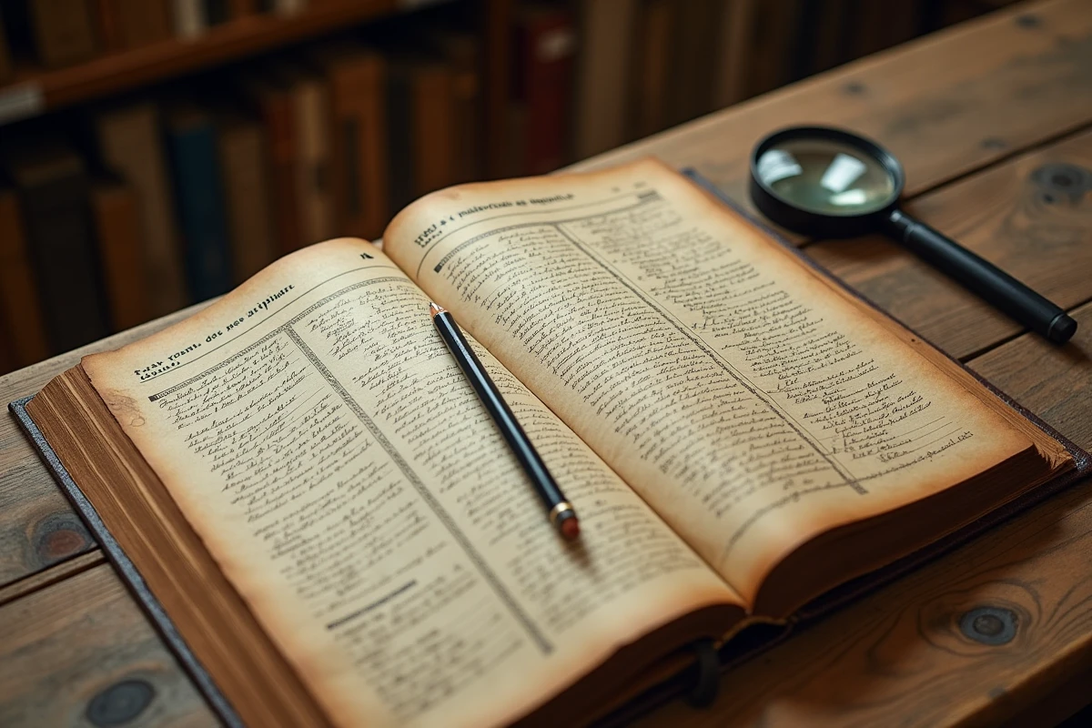 Vue aérienne d'un registre civil ancien et d'une fiche de calcul du taux de consanguinité sur une table en bois dans une archive