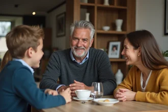 Famille souriante lors d'un repas convivial à la maison