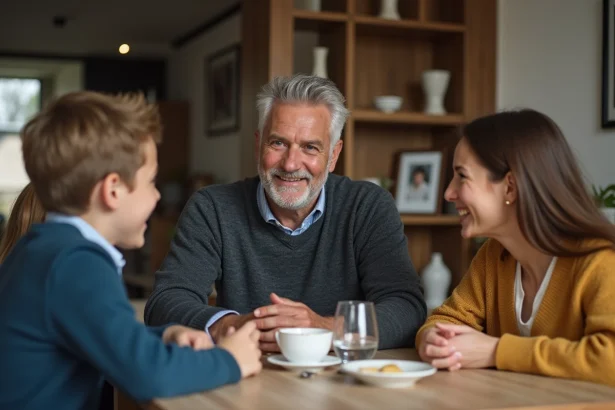 Famille souriante lors d'un repas convivial à la maison