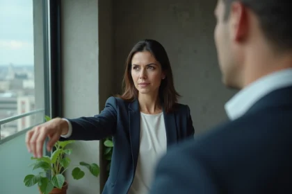 Sabrina Medjebeur protégeant son conjoint des médias dans un appartement urbain minimaliste
