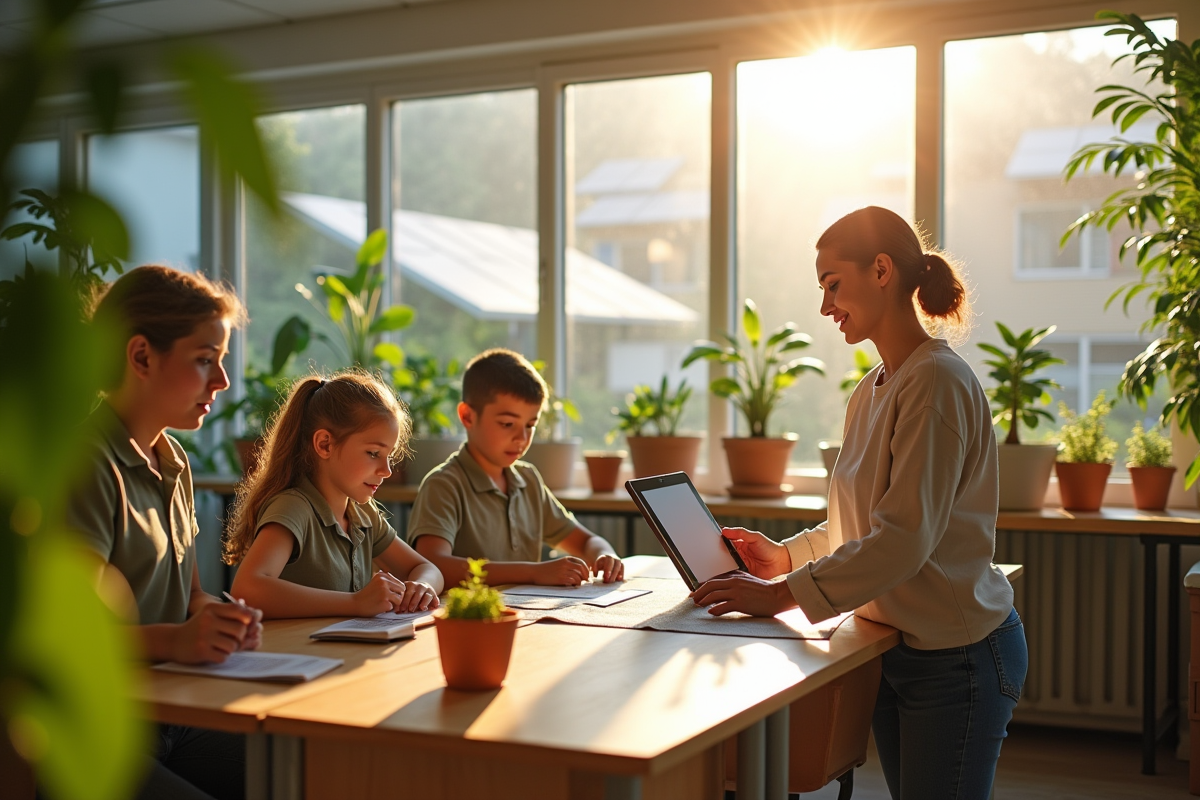 Classe lumineuse avec plantes et recyclage en groupe