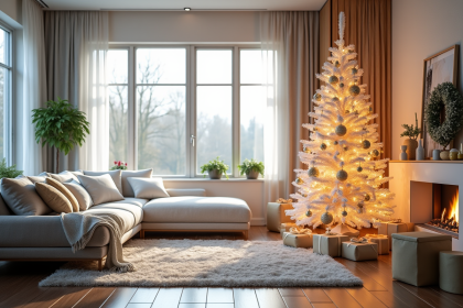 Salon moderne décoré pour Noël 2025 avec sapin blanc et guirlandes