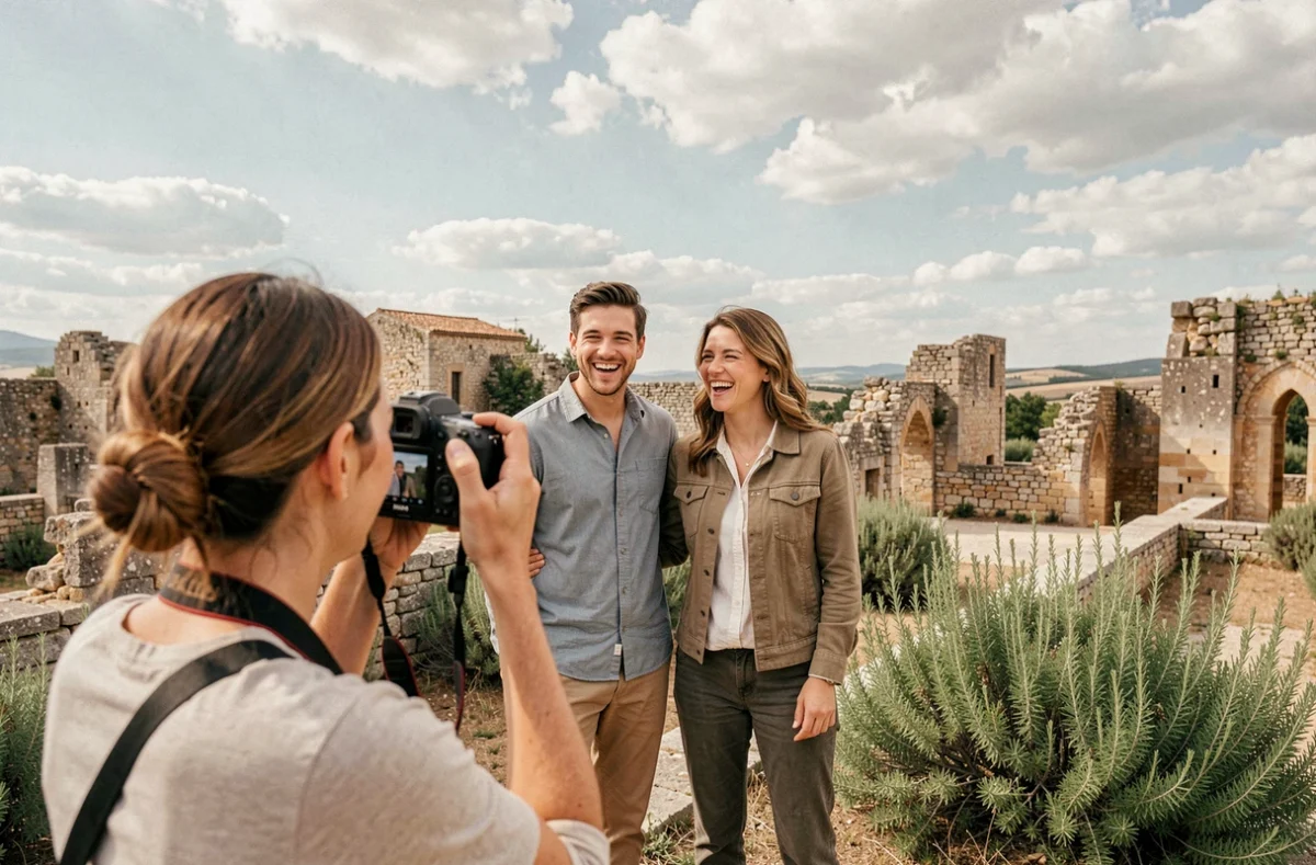 Séance photo de couple aux pieds de la Colline Saint-Jacques à Cavaillon avec un photographe professionnel en action