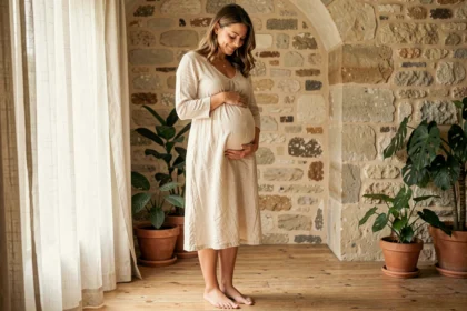 Séance photo grossesse à Angers avec une femme enceinte en robe de lin ivoire dans un intérieur chaleureux aux murs en pierre