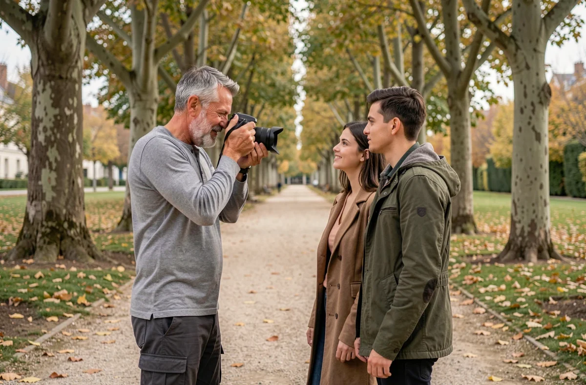 Photographe homme en séance de portrait en plein air dans un parc à Thiais