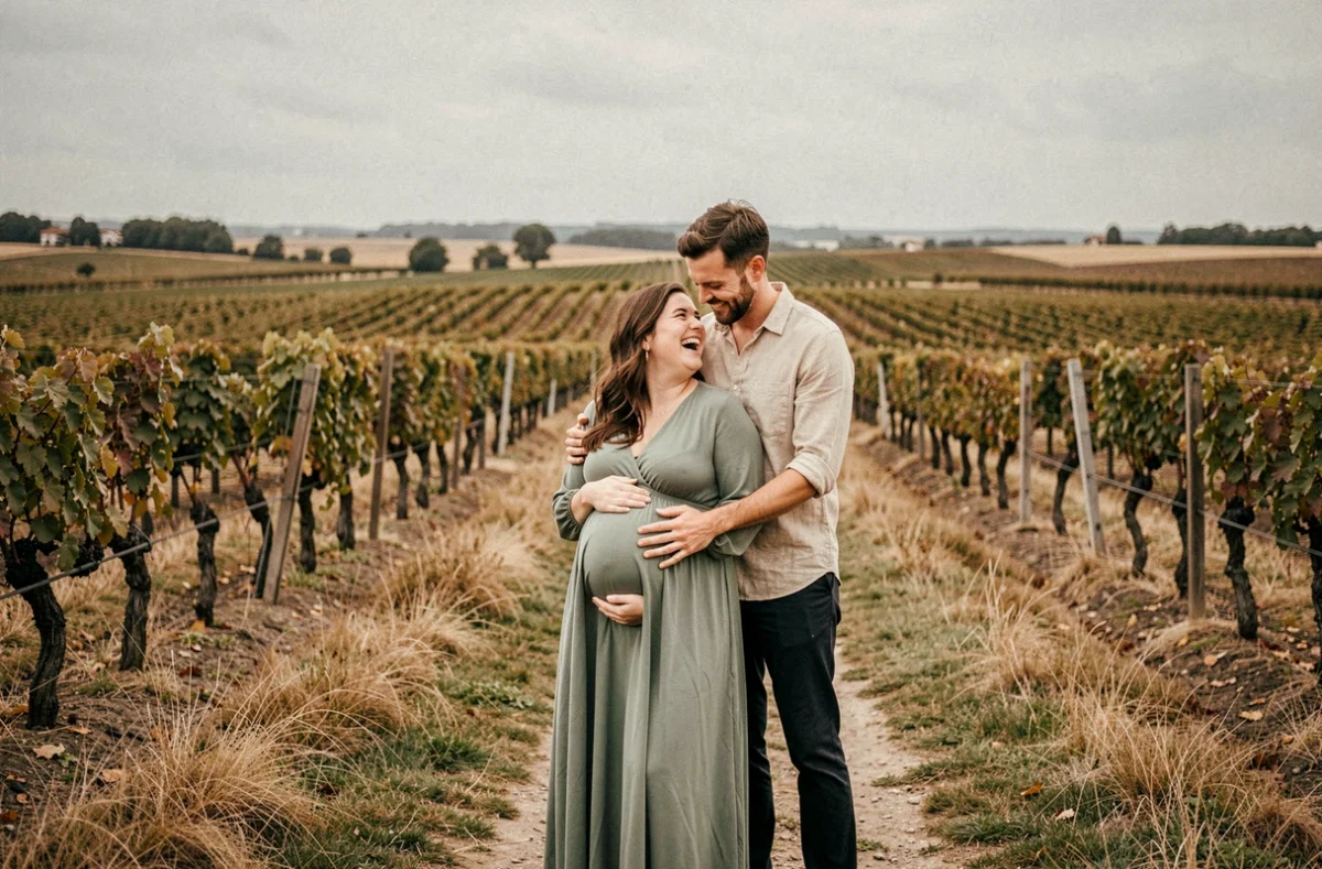 Shooting grossesse en couple dans les vignes près d'Angers avec vue sur le Val de Loire
