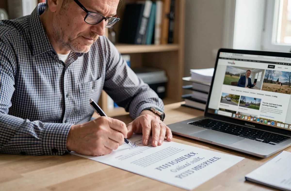 Homme signant un contrat de réservation avec un photographe depuis son bureau à domicile