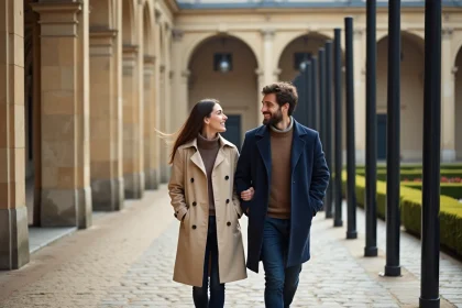 Couple se promenant dans les jardins du Palais-Royal à Paris en automne, idée de sortie en Île-de-France