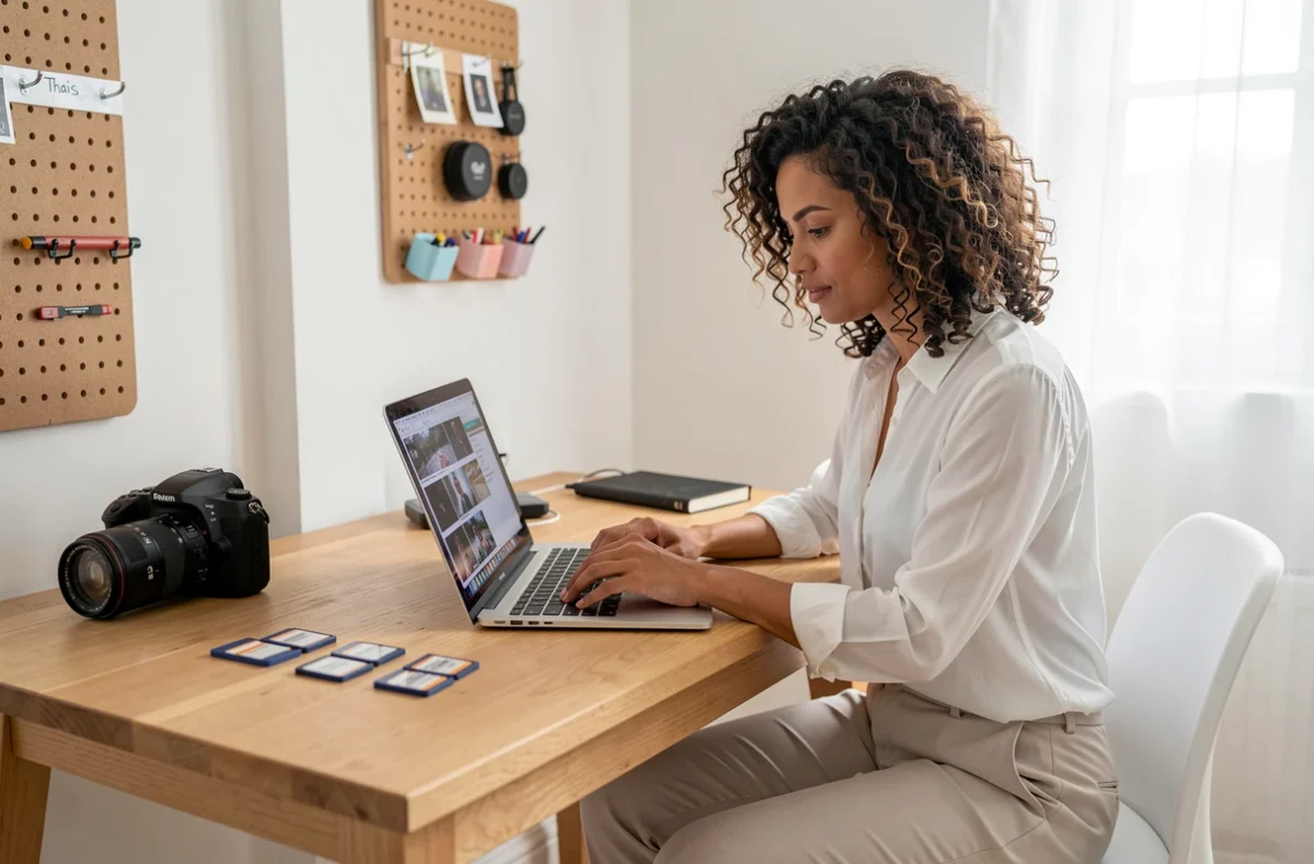 Photographe femme révisant des images sur ordinateur dans son studio à domicile à Thiais