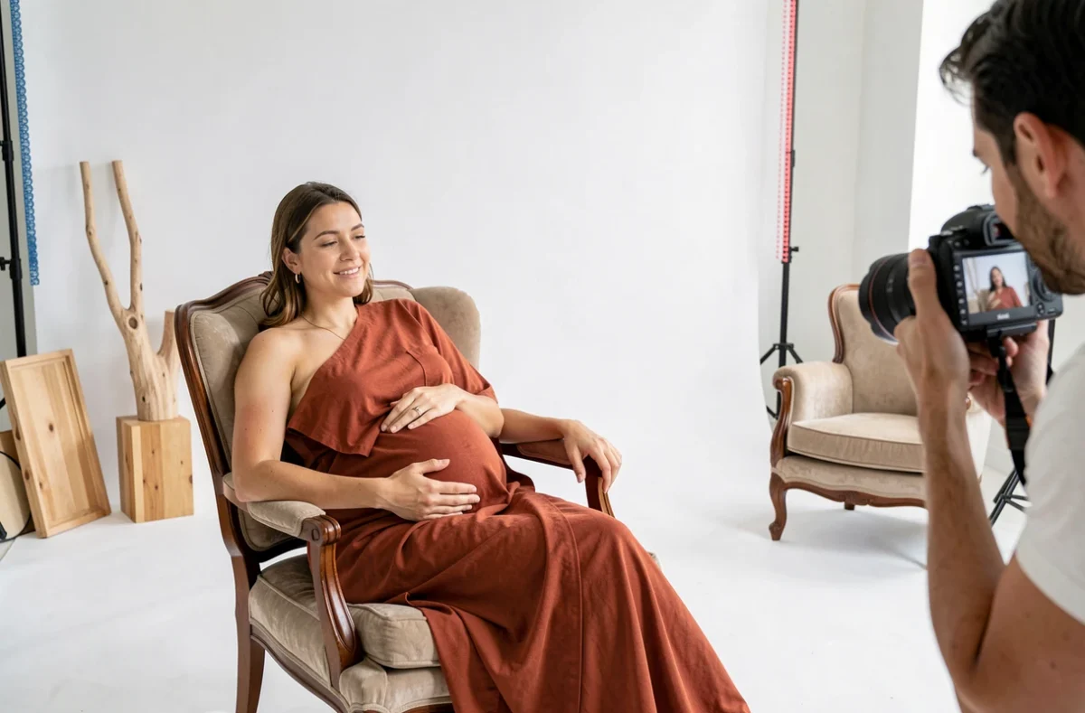 Studio photo grossesse à Angers avec une femme enceinte drapée en jersey rouille dans un fauteuil vintage