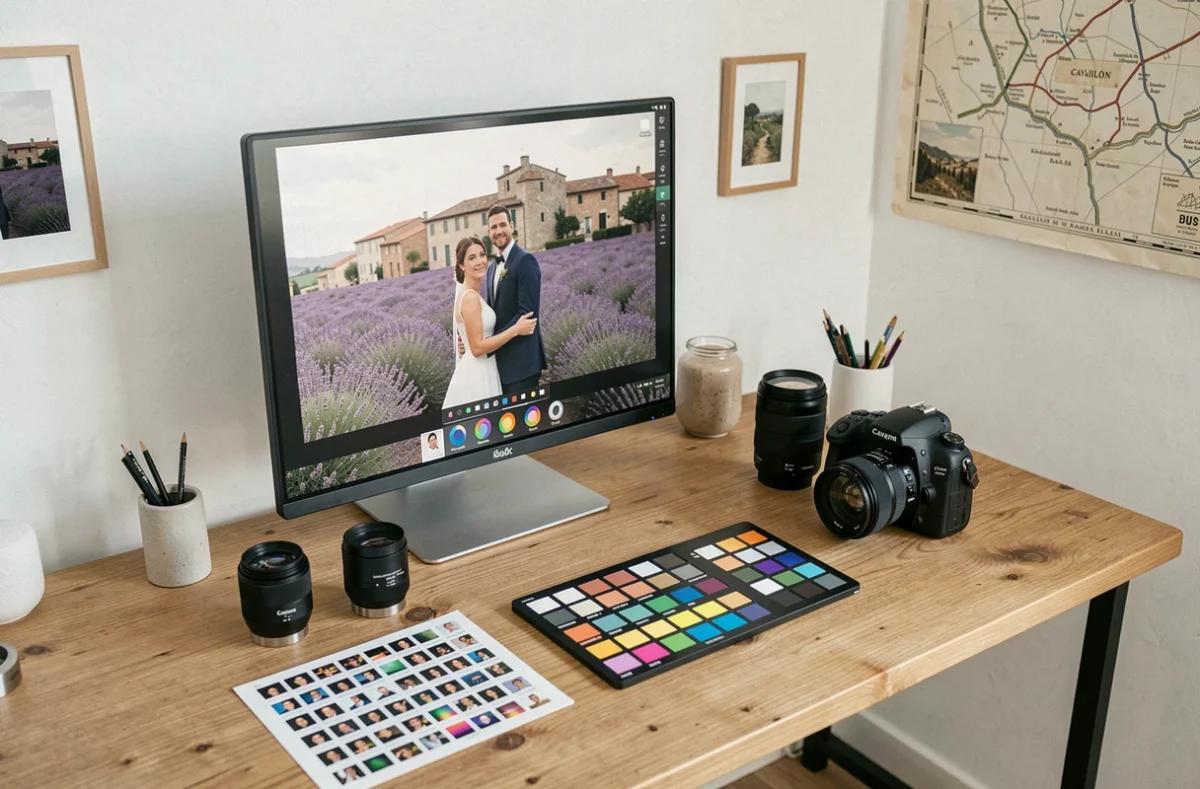 Studio de retouche photo professionnel à Cavaillon avec écran affichant un portrait de mariage en champ de lavande et matériel photographique disposé sur un bureau en bois