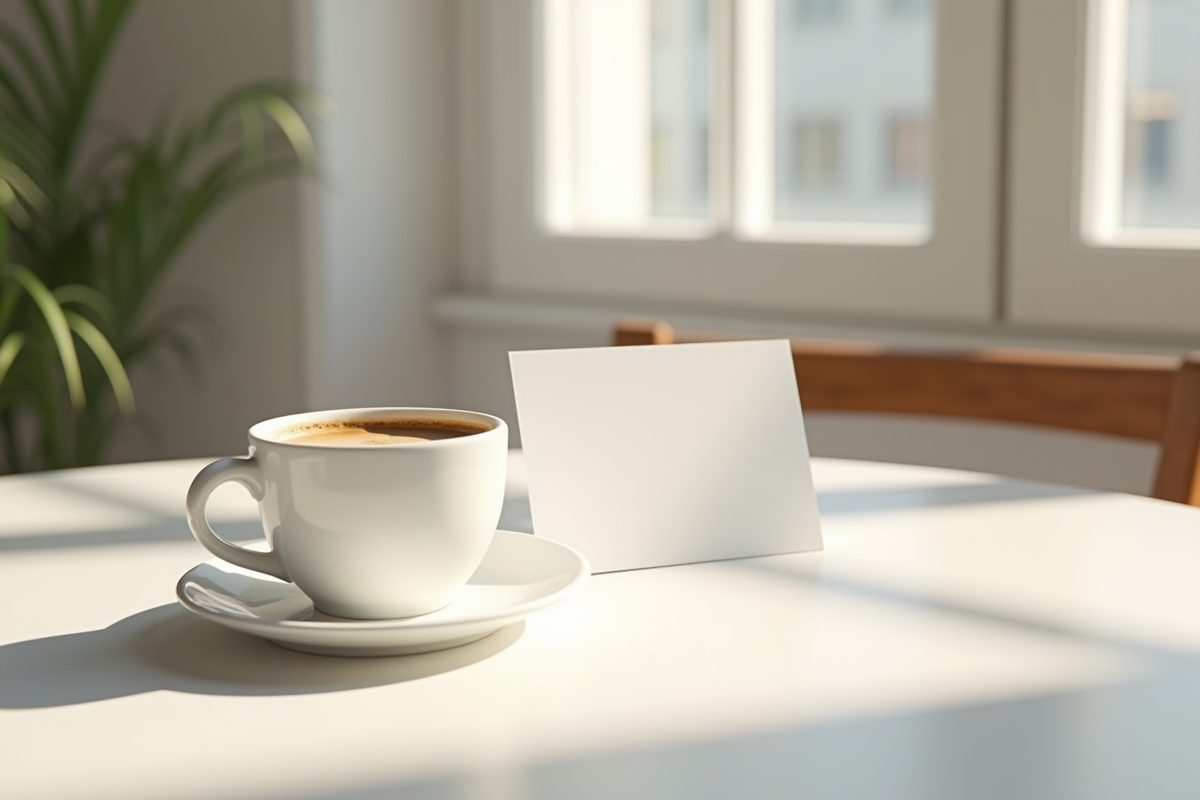 Table moderne avec invitation et tasse de cafe dans une ambiance lumineuse