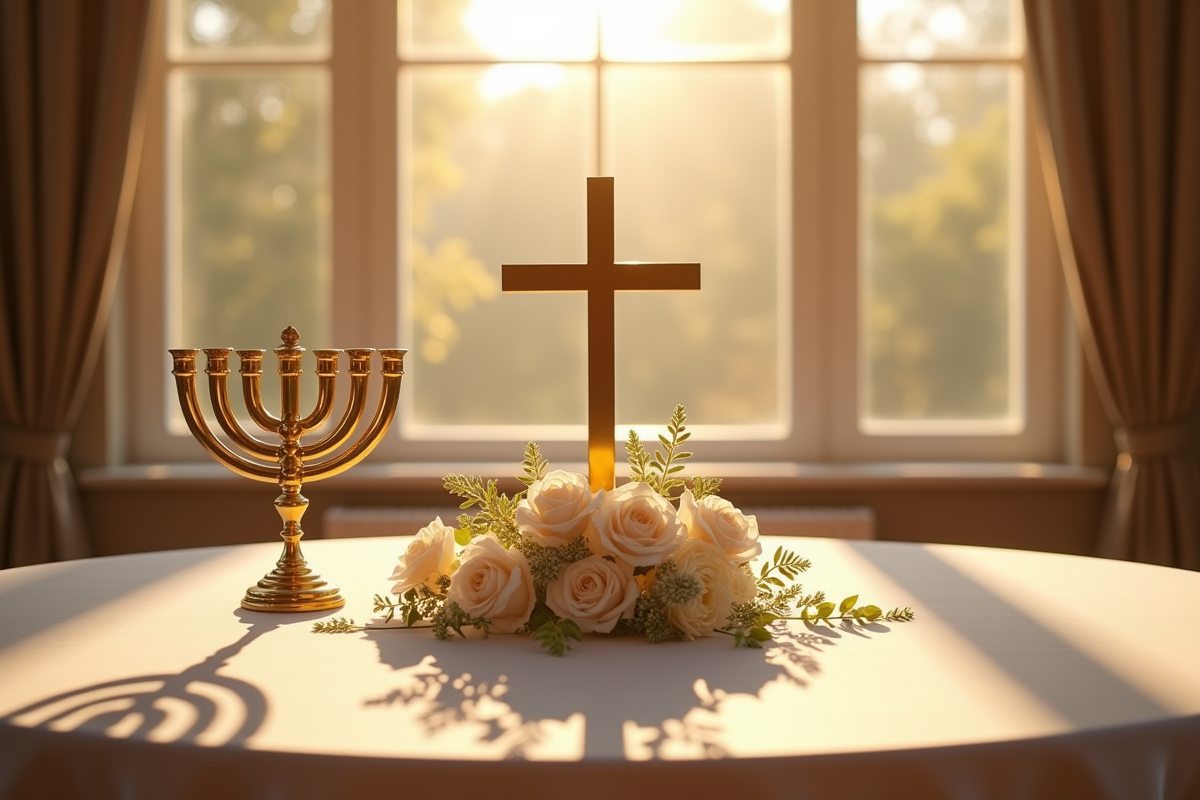 Table de mariage élégante avec menorah et croix en ambiance chaleureuse
