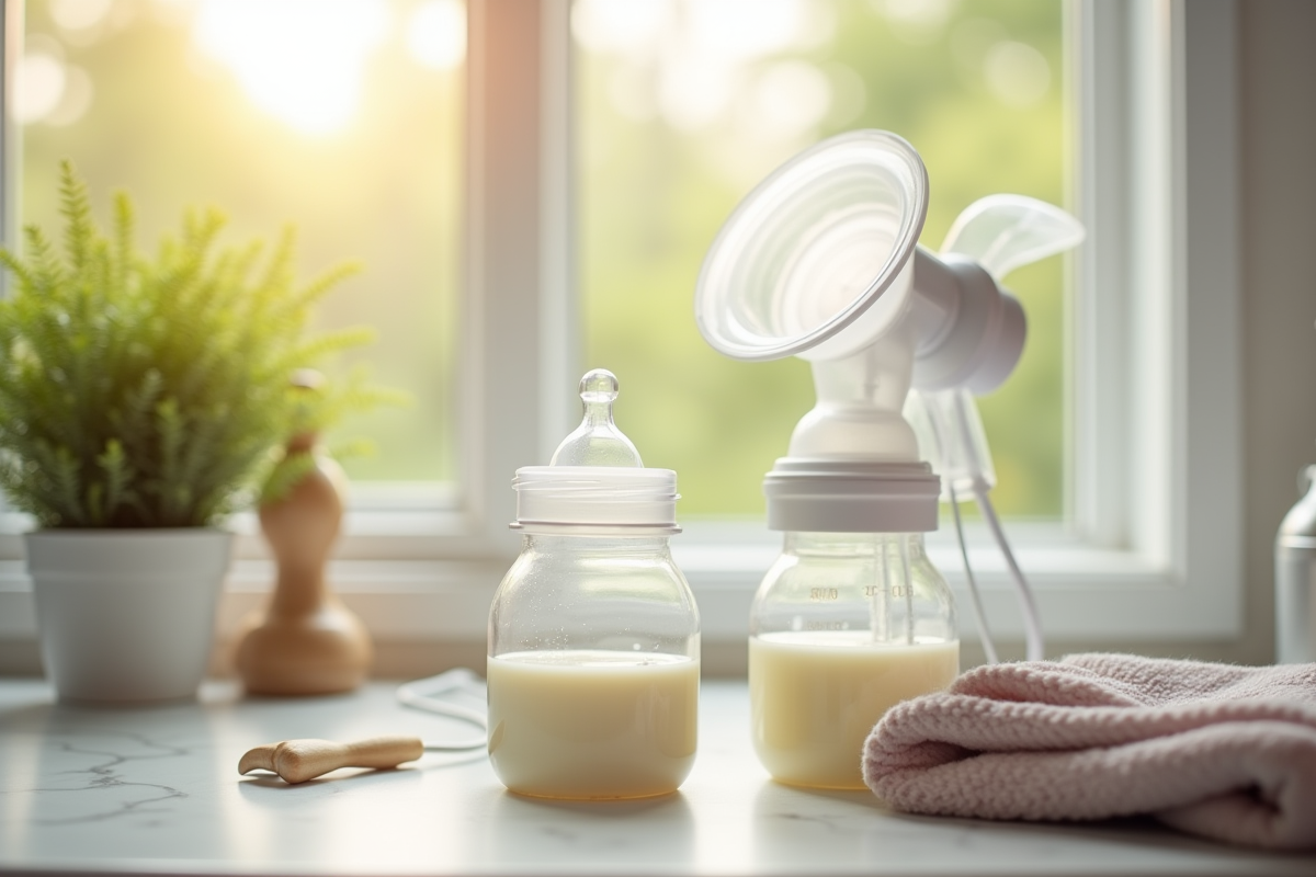 Tire-lait propre avec biberons de lait dans la cuisine