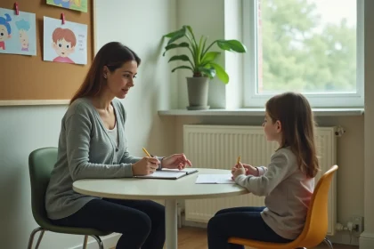 Travailleuse sociale prenant des notes dans une salle de consultation spécialisée pour la protection de l'enfance