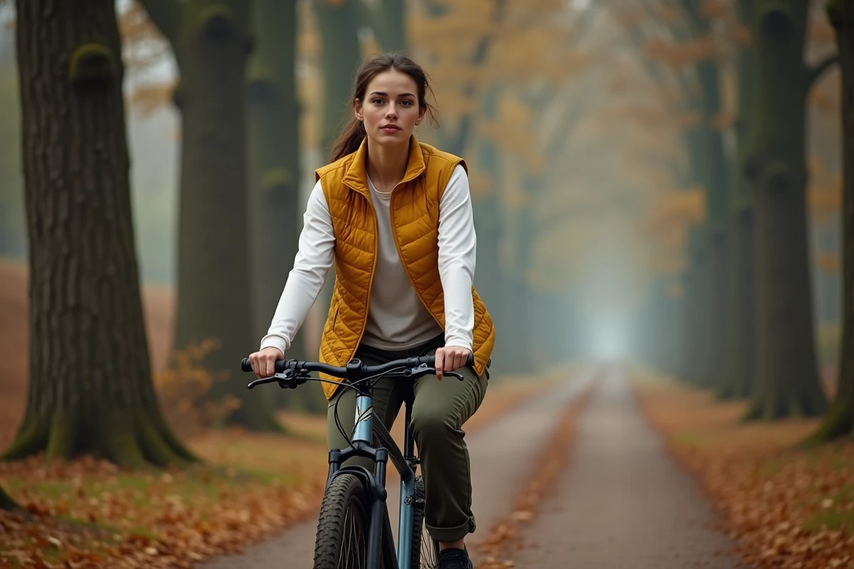 Jeune femme faisant du vélo dans la forêt de Fontainebleau en automne, idée de sortie nature en Île-de-France